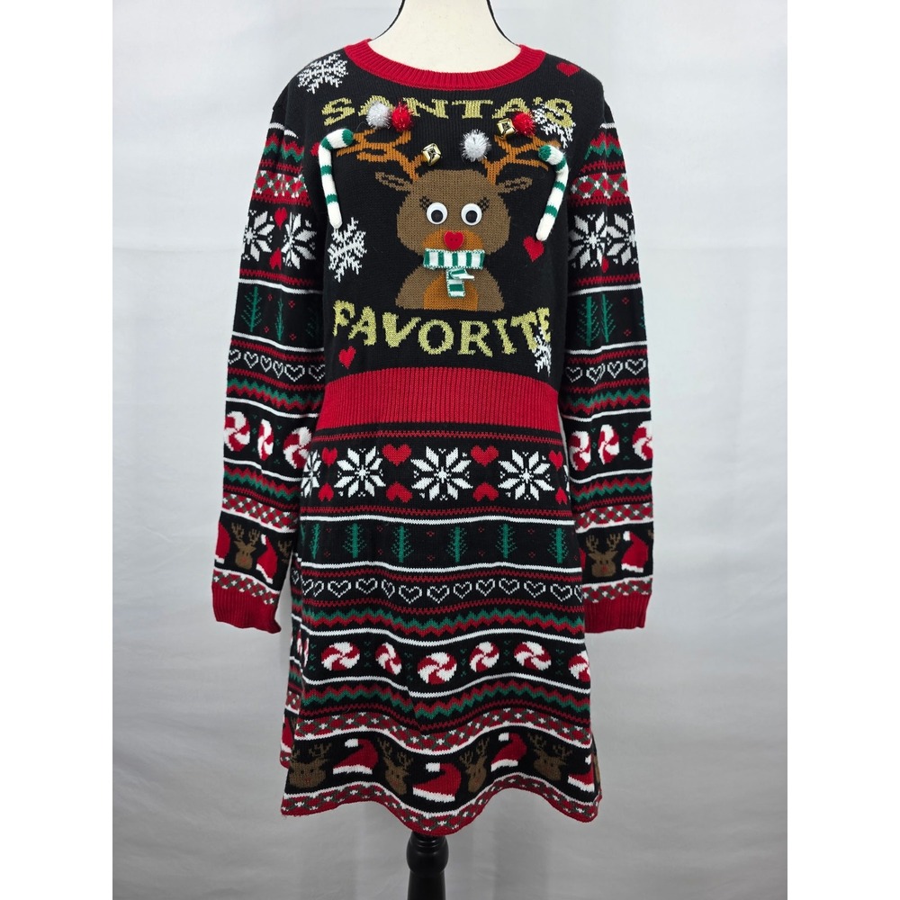 Born Famous Women XL Ugly Christmas Sweater Dress Reindeer Santas Favorite Black